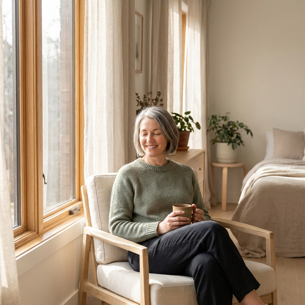 Woman reflecting calmly, representing understanding symptoms of menopause at 50