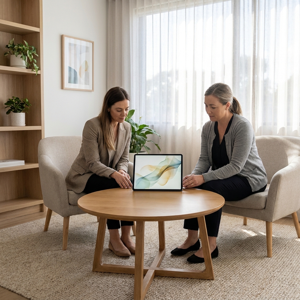 Woman and clinician reviewing body fat composition results together in a calm clinical setting