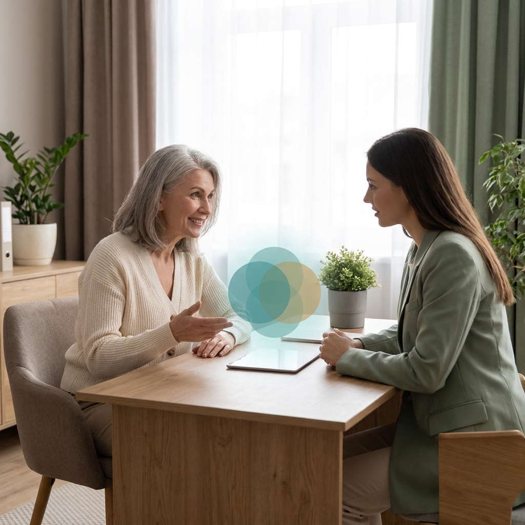 Clinician and patient discussing how to calculate body fat composition in a calm clinical setting