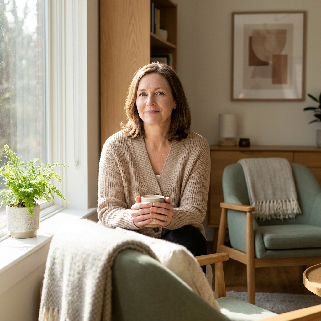 Confident woman reflecting calm clarity about HRT and menopause symptoms in a warm clinical setting