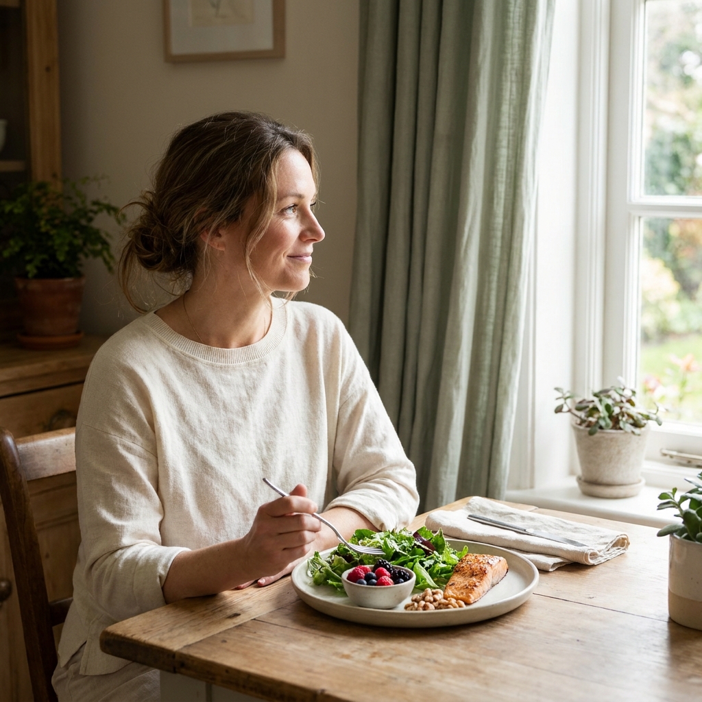 Woman enjoying a balanced meal reflecting a hormone-aware weight loss diet chart for female health