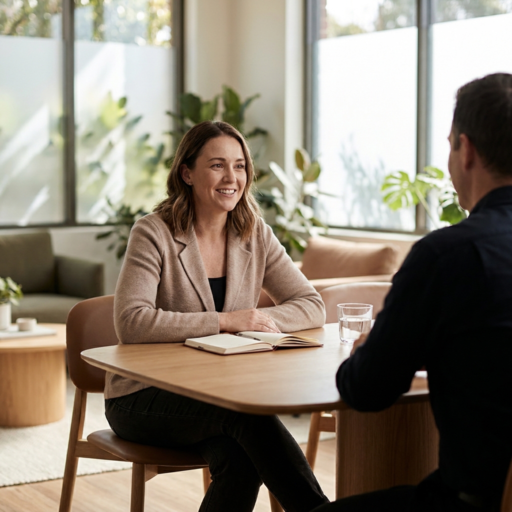 Woman discussing perimenopause weight gain supplements with a clinician in a calm consultation setting