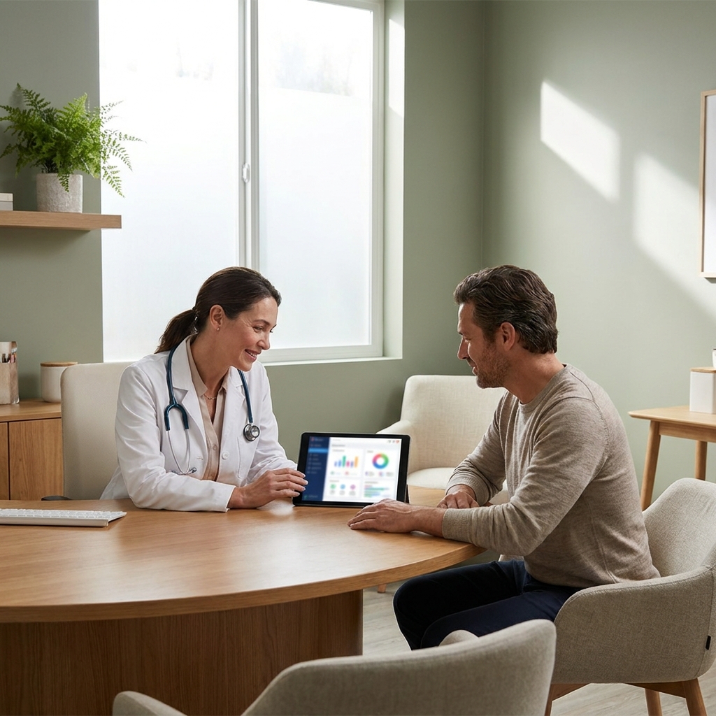 Physician and patient discussing weight loss pharmaceuticals during a calm clinical consultation