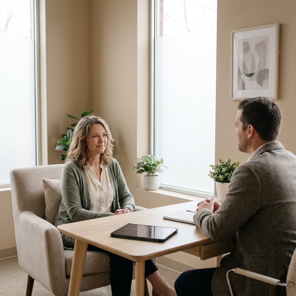 Patient and clinician in consultation, evaluating a hormone optimization specialist's qualifications